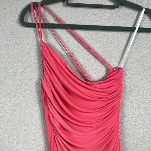 New Katie May Winnipeg One Shoulder Ruched Knit Gown Slit Coral Pink Sz M - Picture 3 of 12